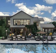 an artist's rendering of a large house next to a swimming pool with lounge chairs and umbrellas