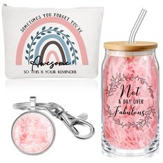 two personalized items including a keychain, pink candy in a jar and a pillow