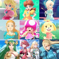 the four princesses are all wearing different outfits and hair styles, one is blonde