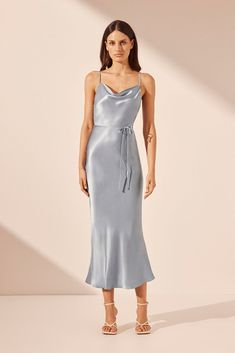 La Lune Bias Cowl Midi Dress | Powder Blue | Dresses | Shona Joy Ice Blue Dress Cocktail, Shona Joy La Lune, Powder Blue Dress, Cowl Dress, Womens Fancy Dress, Shona Joy, Silk Midi Dress, Midi Length Skirts, 80 Dress