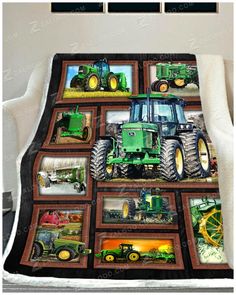 a blanket with pictures of tractors on it