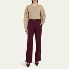 ARMARIUM "Tito" pants with a center crease Full length High rise Straight legs Side slip pockets; back welt pockets Tab/zip fly; belt loops Virgin wool Made in Italy Wool Pants, Welt Pockets, Welt Pocket, Full Length, Tops Designs, Straight Leg, High Rise, In Italy, Italy