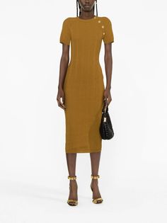 Balmain button-embellished Midi Dress - Farfetch Midi Dress Brown, Embellished Midi Dress, Camel, The Dress, Top Brands, Round Neck, Cotton Blend, Short Sleeves, Midi Dress