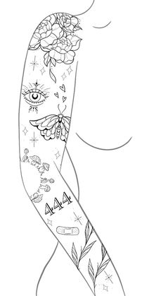 a tattoo design with flowers and butterflies on the arm is shown in black and white