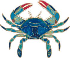 a blue crab with red and green accents