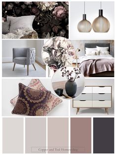 a collage of different shades of grey, pink and white with flowers on them