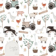 an animal and farm animals pattern on a white background