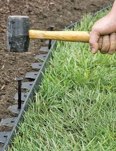 a man is holding a hammer and digging in the ground with some grass behind him