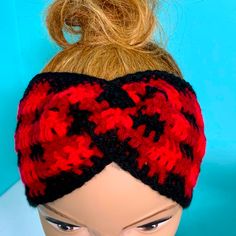 New Hand Crocheted Buffalo Plaid Headband/Earmuff. Acrylic Yarn. Sized For Adult. Plaid Headband, Earmuffs, Buffalo Plaid, Hand Crochet, Acrylic Yarn, Lady In Red, Black Red, Buffalo, Black And Red