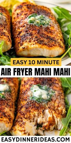 easy 10 minute air fryer mahi mahi recipe on a plate with spinach leaves