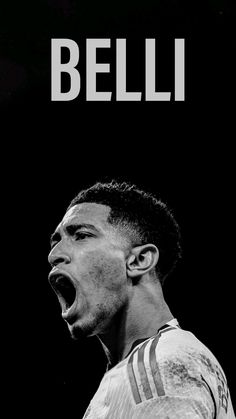 a black and white photo of a man with his mouth open in front of the words belli