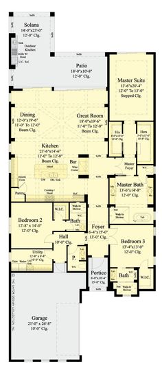 the floor plan for a home with two master suites and an attached garage, as well as