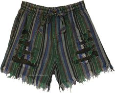 A fun pair of handmade cotton shorts with frilled hem, razor cut pattern in the front these striped brown, red, etc.  shorts are a great way to wear the bohemian inside you. #tlb #bohemianfashion #Handmade #HippieShorts #BeachShorts Green Bohemian Shorts For Summer, Bohemian Brown Shorts For Vacation, Green Bohemian Cotton Shorts, Green Cotton Festival Shorts, Hippie Green Festival Shorts, Green Hippie Festival Shorts, Bohemian Brown Cotton Shorts, Hippie Multicolor Beach Shorts, Bohemian Style Bottoms With Built-in Shorts