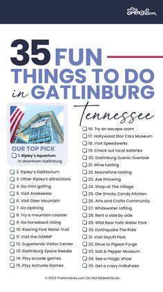 35 Fun Things To Do in Gatlinburg [PRINTABLE CHECKLIST] Smokey Mountain Family Vacation, Pigeon Forge Tn Things To Do, Things To Do In Cosby Tn, Trip To Gatlinburg Tennessee, Pigeon Forge Tennessee Things To Do In, Gatlinburg Tennessee Things To Do In, Tennessee Gatlinburg, Things To Do In Gatlinburg