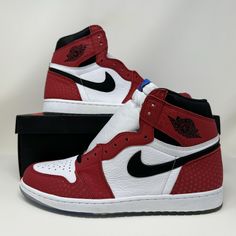 Nike Air Jordan Retro I High OG 'Spider-Man: Origin Story' For Sale! Men's Sizes 10.5 Condition: New with Defects. "Blue dye on both mid-soles. Slight yellowing on soles. Sold as pictured." 100% Authentic!  Payment required IMMEDIATELY!  Buy with Confidence! Any Questions? Please ASK!  NO meetups/trades/size swaps. Red High-top Sneakers With Rubber Waffle Outsoles For Sports, Low-top Jordan Shoes With Rubber Waffle Outsoles For Sports, Custom Synthetic Training Sneakers, Origin Story, Blue Dye, Jordan 1s, Nike Air Jordan Retro, Air Jordan Retro, Air Jordans Retro