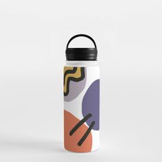 a white and black water bottle with an abstract design on the lid, sitting against a white background