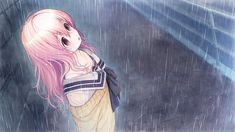 a girl with pink hair standing in the rain