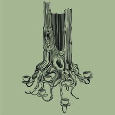 a drawing of a tree stump with cups and saucers on it's roots