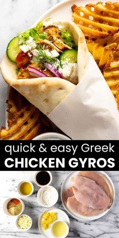 chicken gyros with fries and salad on the side, next to it is an image