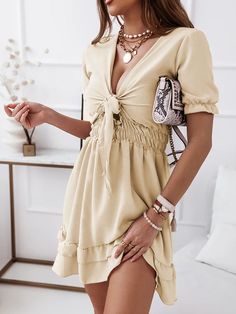 Women Sexy Dress Summer Fashion Deep V-neck Lace Up Short Sleeve Pink Ruffled Elastic Waist Mini Dresses for Women Casual Solid V-neck Mini Dress With Ruffle Hem, V-neck Mini Dress With Ruffles, Beige V-neck Mini Dress With Ruffles, Flirty V-neck Mini Dress With Ruffle Hem, Beige Ruffled V-neck Mini Dress, Ruched V-neck Mini Dress For The Beach, V-neck Mini Dress With Ruffle Hem, Beige Ruched V-neck Mini Dress, Beige Ruched Mini Dress With V-neck