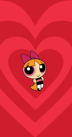 the powerpuff character is peeking out from behind a heart