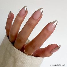 Mirror Mirror – glamnetic Almond Nails With Silver Tips, French Manicure Silver Tips, Silver Tip Almond Nails, Shiny Tip Nails, Silver Tip Nails French Manicures, French Silver Nails, Silver Chrome French Tip Nails, French Tips Silver, Silver Chrome French Tip