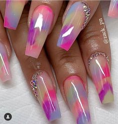 Rainbow Marble, Long Nail, Nail Designs Glitter, Nail Art Summer