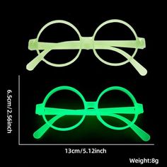 glow in the dark glasses are shown on a black background with measurements for each pair