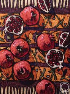 a painting of pomegranates and other fruit on a tablecloth with fringe