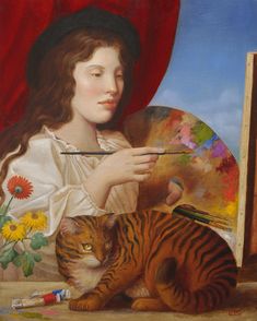 a painting of a woman holding a brush next to a cat