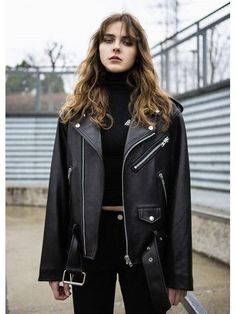 - Oversized rider jacket - Made in soft textured italy lambskin- Zip & belt detail- Unisex Measurements- Length: 23.6in (S),24.2in.(M),24.8in.(L)- Shoulder: 14.9in (S),15.9in.(M),16.9in.(L)- Chest: 16.5in (S),18.5in.(M),20.4in.(L)- Sleeve: 20.8in (S), 21.4in.(M),22in.(L)Composition & Care- Outshell: Italy Lambskin / Lining: Polyester- Dry clean onlyDesigner- Imported- By UPSCALE - SKU: 250408553- Style#: 300291444 Lether Girl Jacket Outfit, Cactus Photoshoot, Johnny Edlind, Rider Jacket, Best Leather Jackets, Look Rock, Riders Jacket, Jacket Outfit, Oversized Jacket