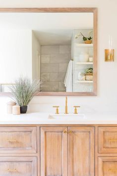 a bathroom with wooden cabinets and a large mirror above the sink, along with a potted plant