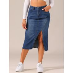 The classic stretch denim skirt is featured on side pockets, and front slit, high waist shows your elegant and feminine style. Easy to pair with a cami top, t-shirt, sweatshirt, hoodie, sneakers, casual shoes, and so on. Occasions: suitable for casual daily, hanging out, weekend, shopping, going out, weekday, trip, etc. Casual Denim Skirt, Denim Maxi Skirt, Denim Midi Skirt, Top T Shirt, High Rise Denim, Bottom Clothes, Casual Denim, Denim Mini Skirt, Cami Top