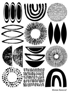 black and white art print with circles, lines, and shapes in different sizes on a white background