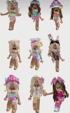 some very cute little dolls with different outfits and hats on their heads, all in different poses