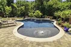 a backyard with a swimming pool and patio furniture