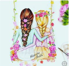 Two Girls, Flowers, Hair