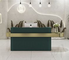 the reception desk is green and gold in color