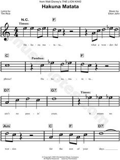 sheet music with the words hakuna matata