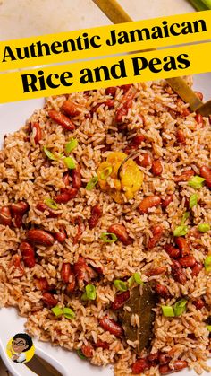 authentic jamaican rice and peas on a white plate with yellow text overlay that reads authentic jamaican rice and peas