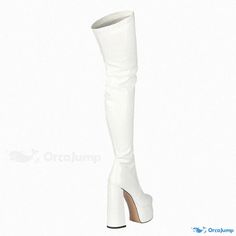 Orcajump - Elevated Style: Chic White Patent Leather Over-the-Knee Boots with Glossy Finish and Platform Block Heel Fitted White Platform Boots For Fall, Fitted Thigh High Synthetic Platform Boots, White Thigh High Boots For Party, White Thigh High Party Boots, White Over-the-knee Winter Boots, White Over-the-knee Boots For Winter, White Fitted Over-the-knee Boots, Party Platform Boots Synthetic Fitted, Fitted Synthetic Platform Boots For Party