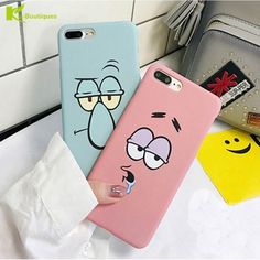 two phone cases with cartoon characters on them, one is pink and the other is blue