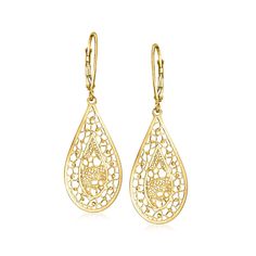 Ross-Simons - Italian 18kt Yellow Gold Filigree Teardrop Earrings. From Italy, these 18kt yellow gold teardrop earrings are brimming with beautiful filigree openwork. Satin and polished finishes amplify the intricate craftsmanship of this stylish, artisanal pair. Hanging length is 1 5/8". Leverback, 18kt yellow gold filigree teardrop earrings. Gold Teardrop Earrings, Jewelry Presentation, Gold Filigree, Timeless Jewelry, Fine Jewellery Earrings, Teardrop Earrings, Women's Earrings, Jewelry Watches, Fine Jewelry