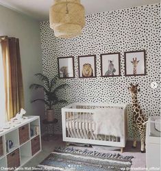 a baby's room with giraffes and zebra prints on the wall