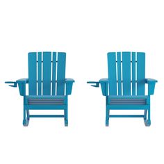 two blue chairs sitting next to each other