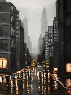 an oil painting of a city street at night