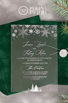 Silver foil pressed acrylic wedding invitations adorned with a winter wonderland themed design. Green velvet envelopes are enclosed. Winter Wonderland Invitations, Winter Wedding Invitations, Acrylic Wedding Invitations, Acrylic Wedding, Winter Design, Foil Stamping, Silver Foil, Cocktail Hour, Wax Seals