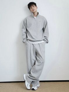 Men's Solid Color Long Sleeve Zip Tracksuit Pullover Hoodie And Loose Fit Sweatpants Set, Autumn Grey Casual    Plain  Non-Stretch Fall Men Clothing, size features are:Bust: ,Length: ,Sleeve Length: Outfits With Grey Sweatshirt, Jogging Outfit Men, Taehyung Fits, Grey Outfit Men, Grey Casual Outfit, Grey Hoodie Outfit Men, Grey Sweatpants Outfit Men, Japanese Male Fashion