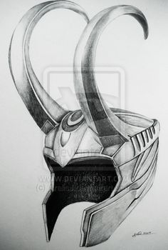 a pencil drawing of a helmet with horns