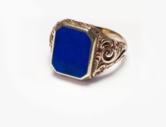 Lapis Men's Ring. Antique engraved 14K yellow gold lapis men's ring. Blue Antique Signet Ring For Formal Occasions, Formal Blue Engraved Signet Ring, Classic Lapis Lazuli Ring With Polished Finish, Classic Blue Engraved Ring With Polished Finish, Blue Engraved Ring With Polished Finish For Formal Occasions, Formal Blue Engraved Ring With Polished Finish, Genuine Love, Garnet Necklace, Victorian Gold